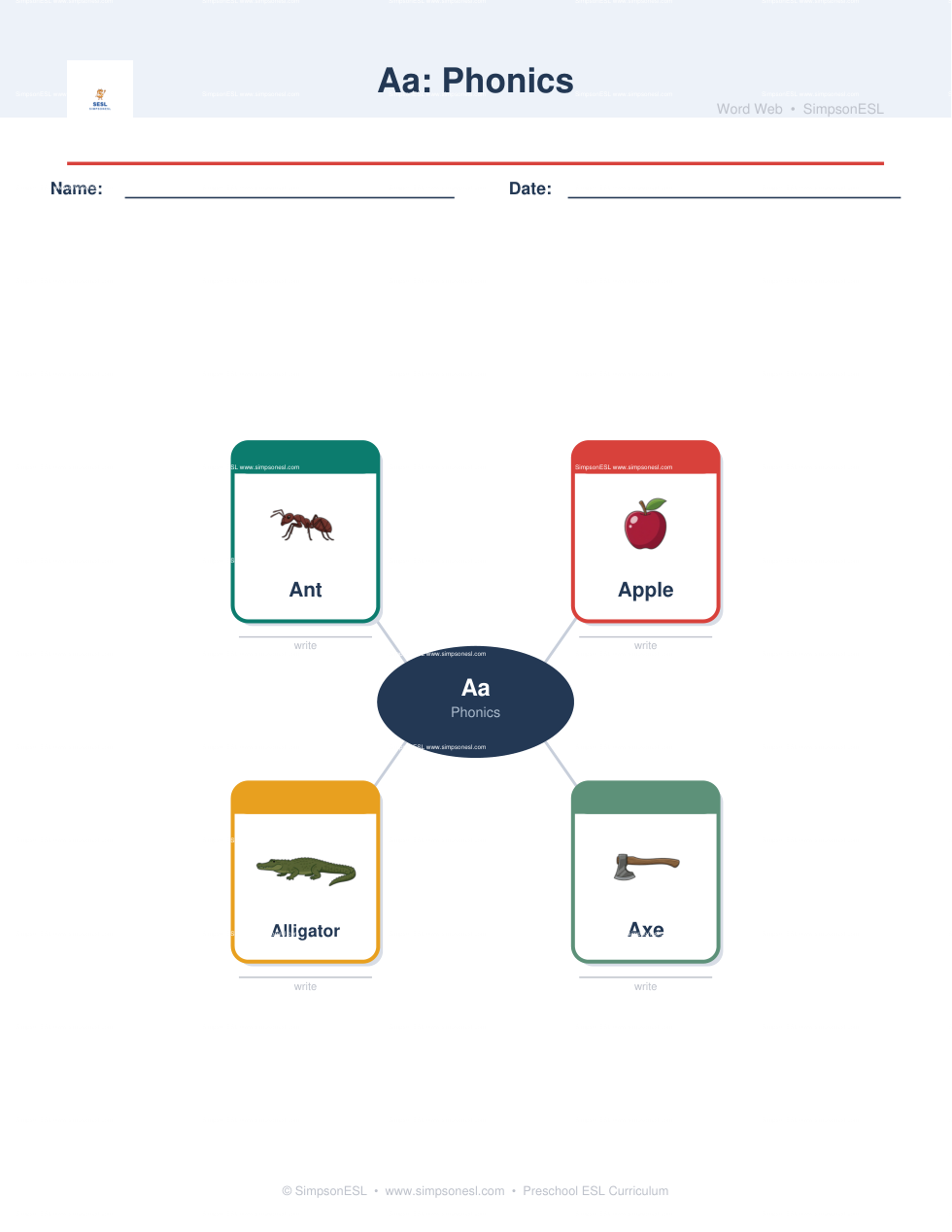 Letter Aa mind map word web worksheet — Apple, Ant, Alligator, Axe around a central Aa bubble