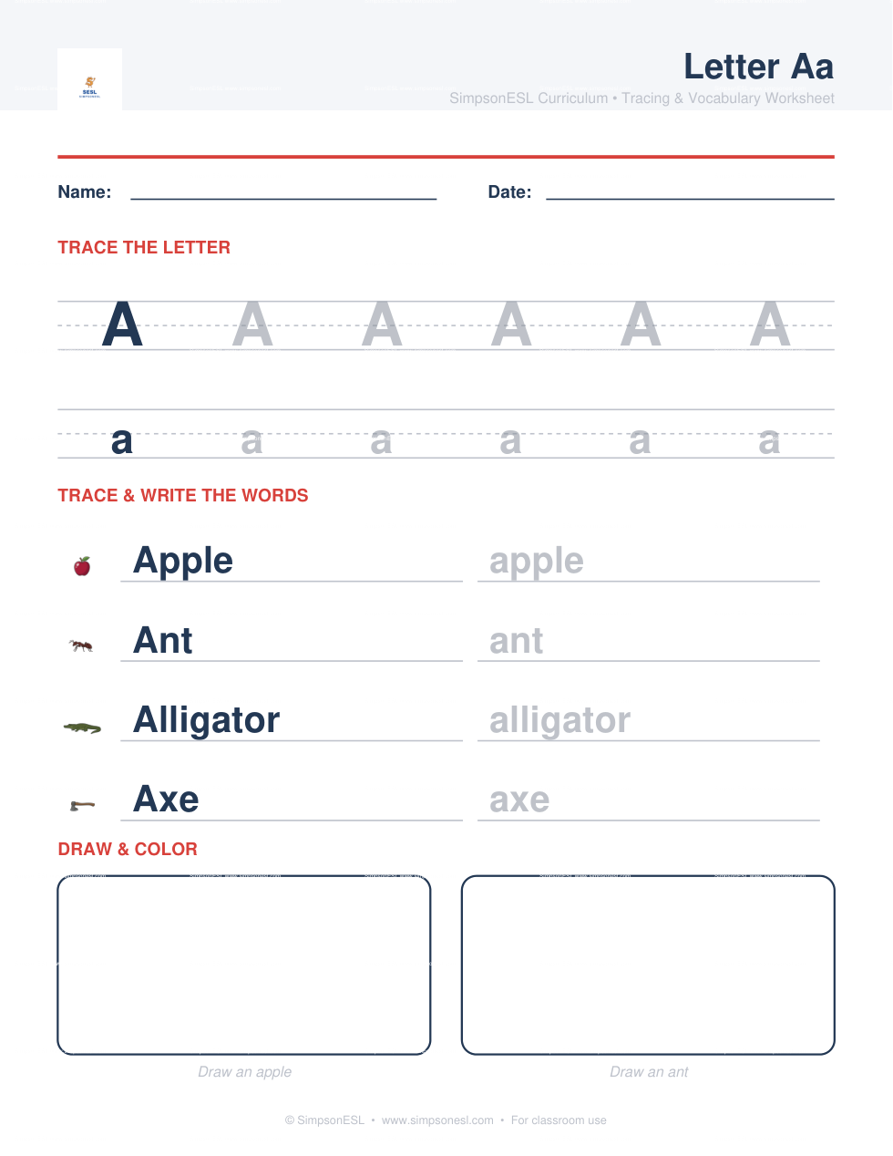 Letter Aa tracing and vocabulary worksheet for preschool ESL — trace the letter, trace and write the words, draw and color